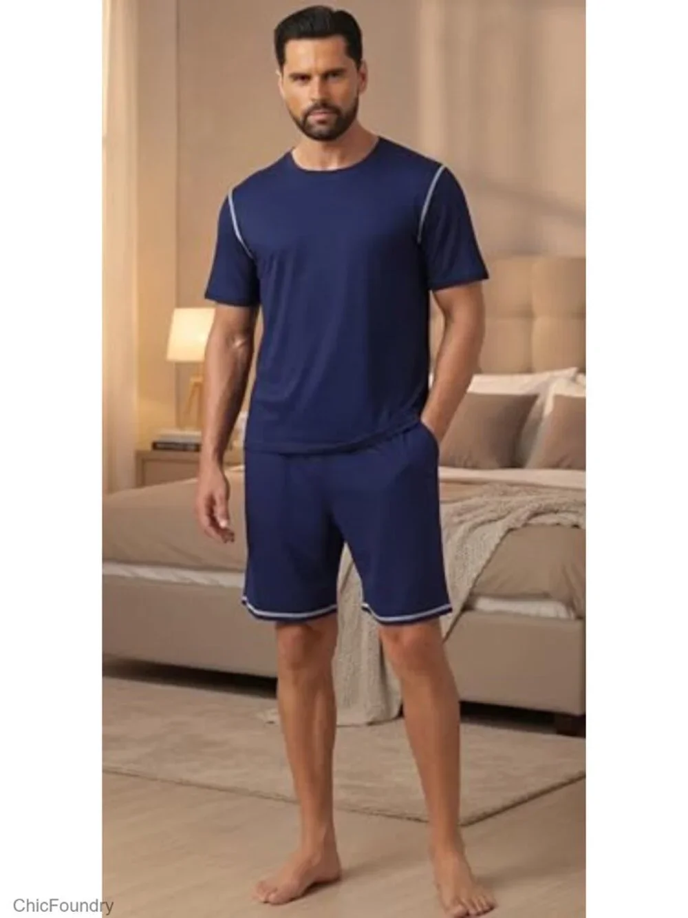 Men's Pajama Set 2 Piece Soft Rayon Blend Short Sleeve Lounge Wear with Pockets